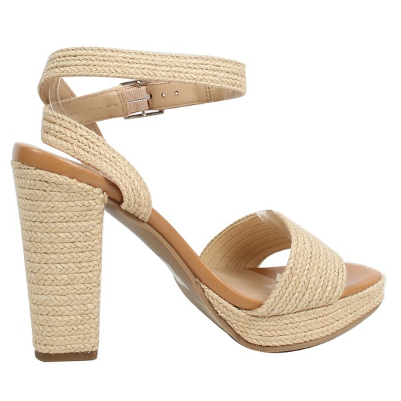 Tan Jute Open Toe Ankle Strap Platform Block Heel - Picture 3 of 6